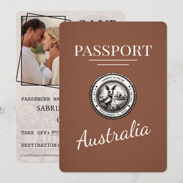 Save The Date Passeport Australie Brown Enregistrer La Date (Devant / Derrière)