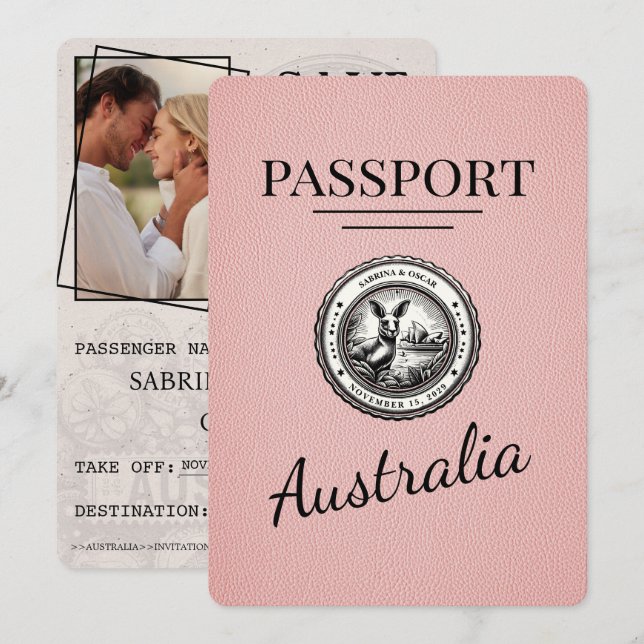 Save The Date Passeport Australie Rose Enregistrer La Date (Devant / Derrière)