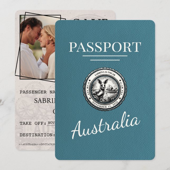 Save The Date Passeport Australie turquoise Enregistrer La Date (Devant / Derrière)