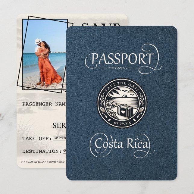 Save The Date Passeport bleu Costa Rica (Devant / Derrière)