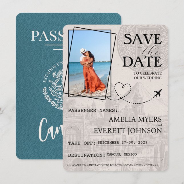 Save The Date Passeport Cancun turquoise Enregistrer La Date (Devant / Derrière)