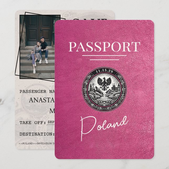 Save The Date Passeport De La Pologne Rose Magenta Enregistrer L (Devant / Derrière)