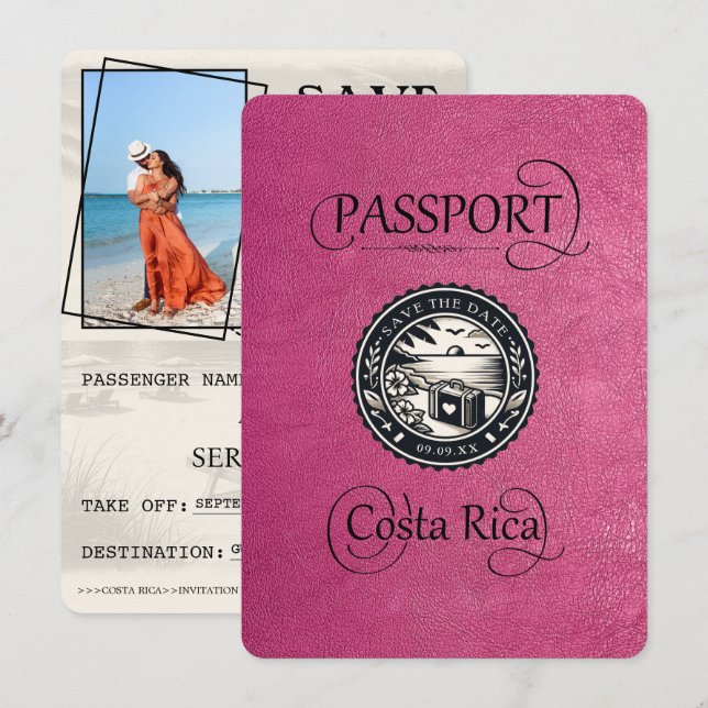Save The Date Passeport de Magenta Costa Rica (Devant / Derrière)