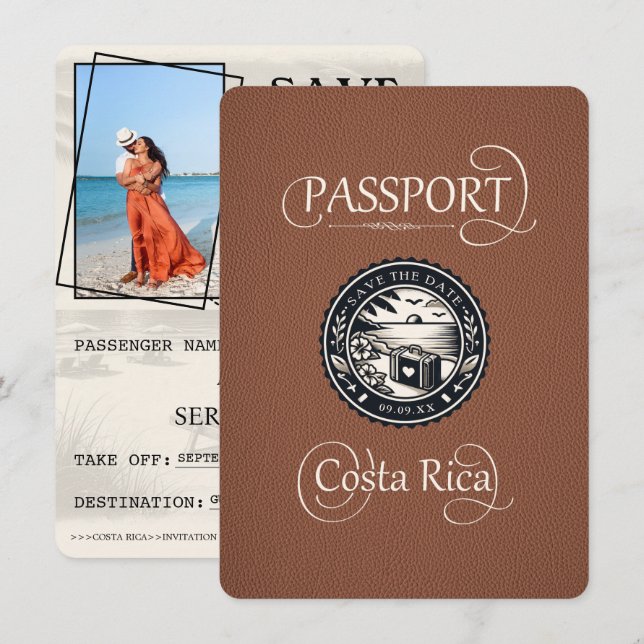 Save The Date Passeport du Costa Rica Brown (Devant / Derrière)