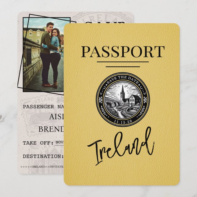 Save The Date Passeport Irlande Jaune Enregistrer La Date (Devant / Derrière)