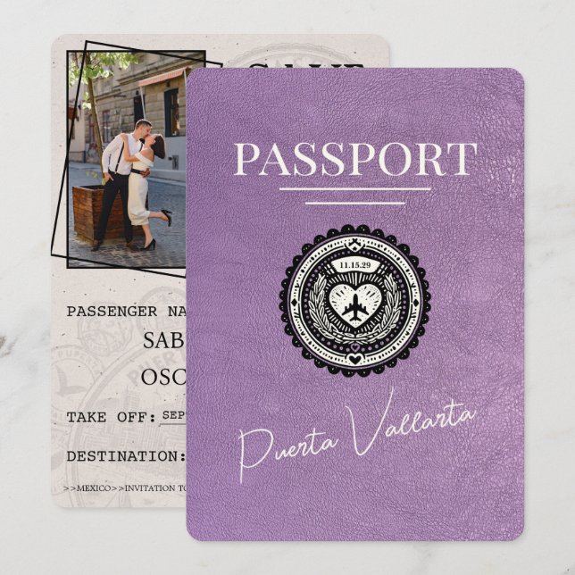 Save The Date Passeport Lavender Purple Puerta Vallarta (Devant / Derrière)