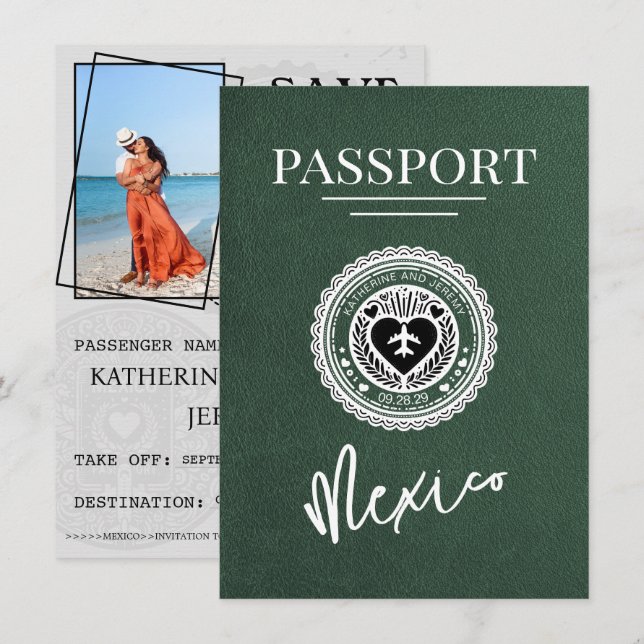 Save The Date Passeport Mexique Vert Enregistrer La Date (Devant / Derrière)