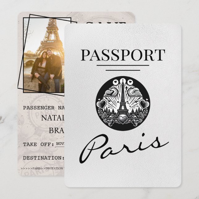 Save The Date Passeport Paris Blanc Enregistrer La Date (Devant / Derrière)