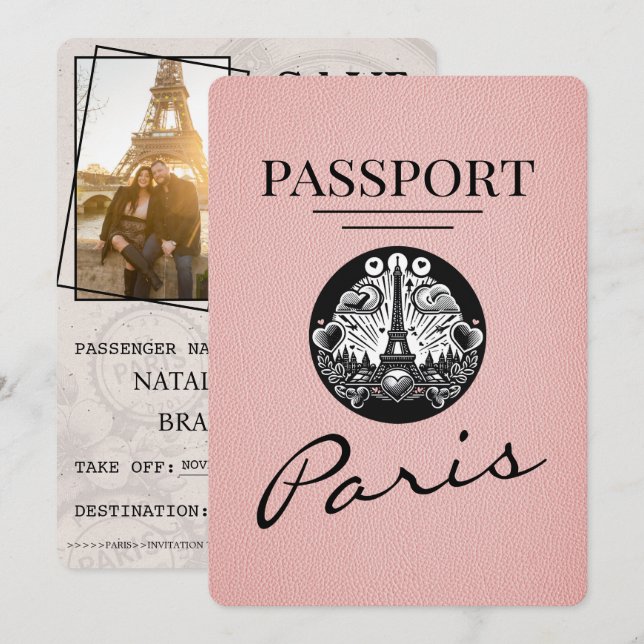 Save The Date Passeport Paris Rose Enregistrer La Date (Devant / Derrière)