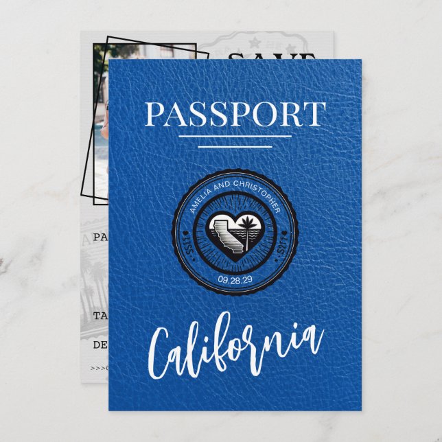 Save The Date Passeport Royal Blue California Enregistrer La Dat (Devant / Derrière)