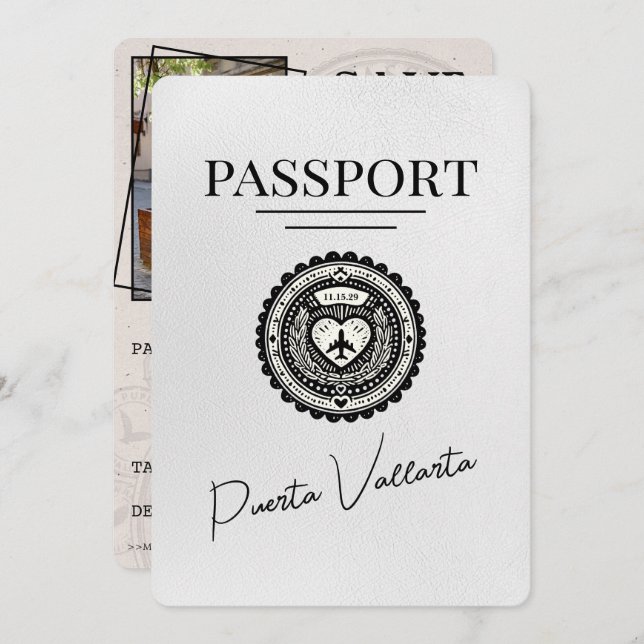 Save The Date Passeport White Puerta Vallarta Enregistrer La Dat (Devant / Derrière)