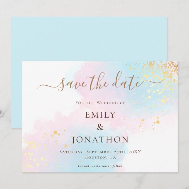 Save The Date Pastel Aquarelles Mariage bleu or rose (Devant / Derrière)