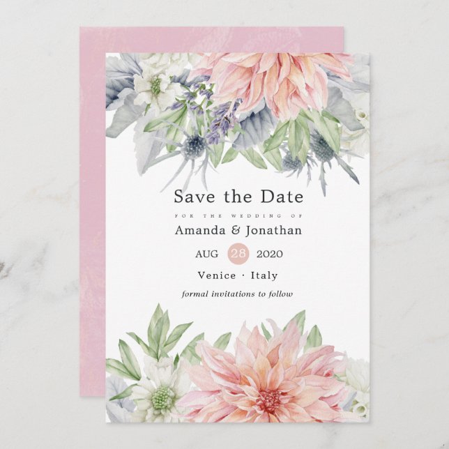 Save The Date Pastel Blush Rose Dahlia Mariage Enregistrer La Da (Devant / Derrière)