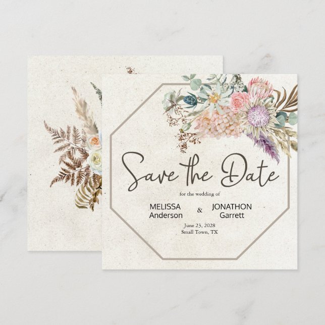 Save The Date Pastel Boho Neutral Floral Élégant Enregistrer La  (Devant / Derrière)