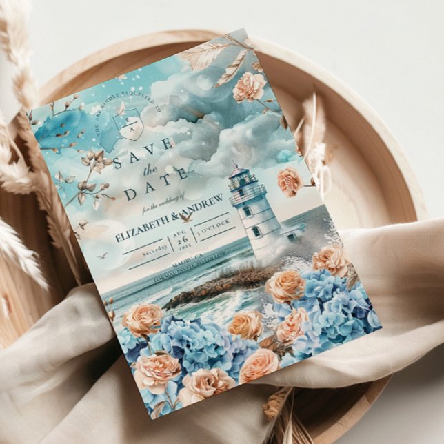 Save The Date Pastel Coastal Lighthouse Ocean Wedding (Créateur téléchargé)