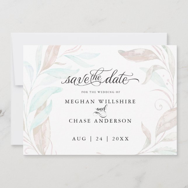 SAVE THE DATE | Pastel Coral Aqua Leaves (Front)