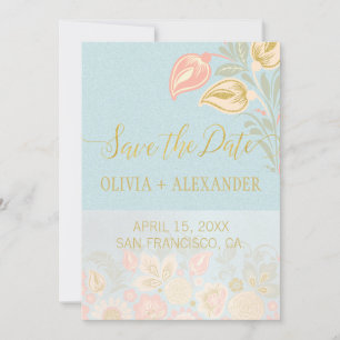 Save The Date Pastel Peach Gold Floral Ressort Mariage bleu clai