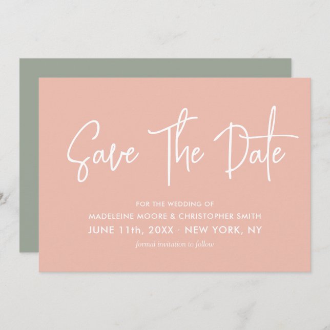 Save The Date Pastel Peach & Sage Green Calligraphy Scan QR Code (Devant / Derrière)