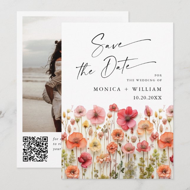 Save The Date Pastel Pink Boho Fleur sauvage code QR Mariage Pho (Devant / Derrière)