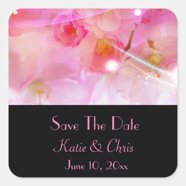 Save The Date Pastel Pink Cherry Blossoms Square Sticker (Front)