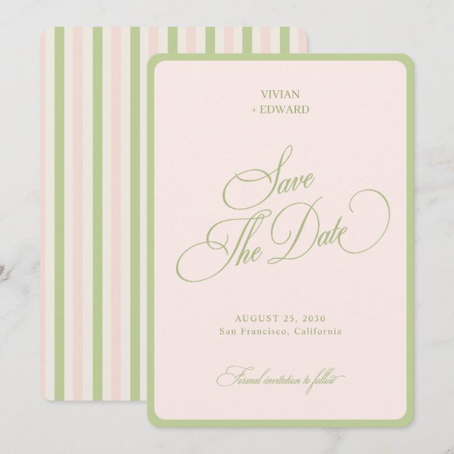 Save The Date Pastel Pink & Green Stripes Border Retro Wedding (Devant / Derrière)