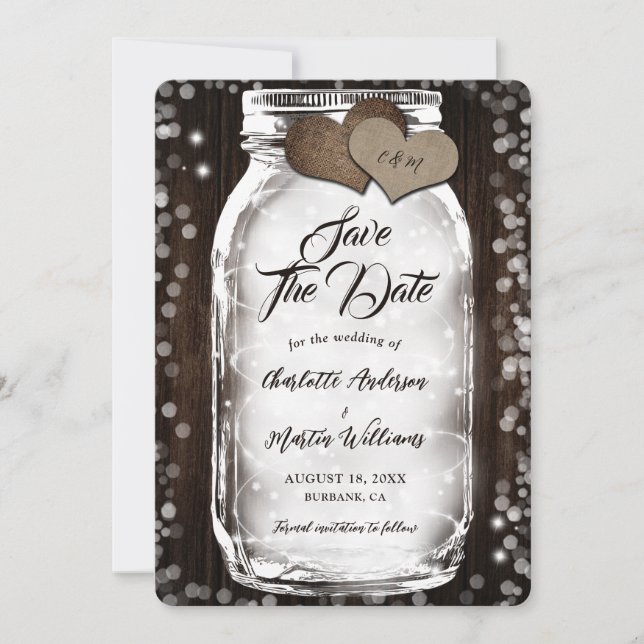 Save The Date Pays Barre Bois Chaîne Lumières Mason Jar Mariage (Devant)