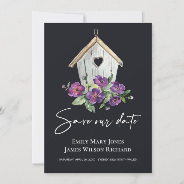 SAVE THE DATE PAYS NOIR ROUGE PURPLE FLORAL BIRDHOUSE (Devant)