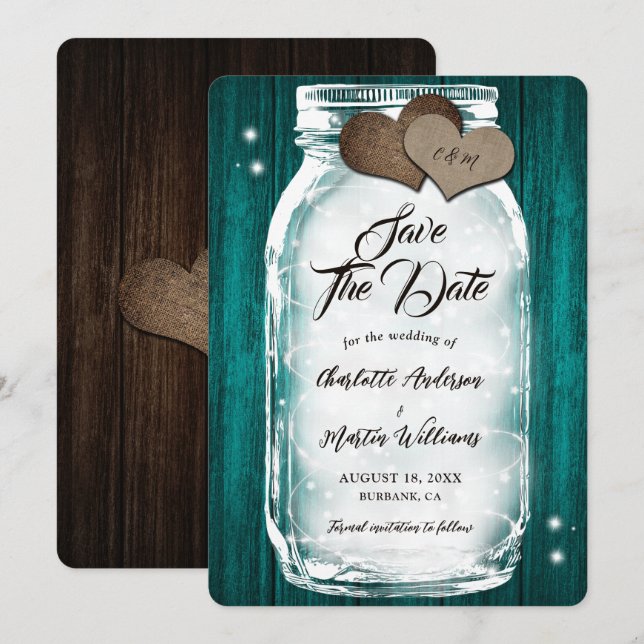 Save The Date Pays Turquoise Wood Hearts Lumières Mason Jar Mari (Devant / Derrière)