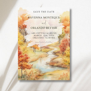Save The Date Paysage de rivière d'automne rouge forêt mariage d