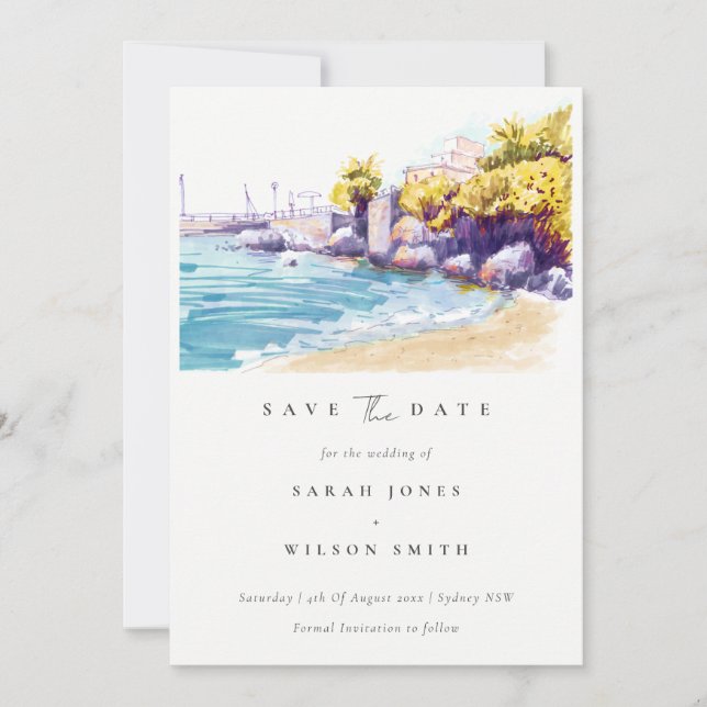 Save The Date Paysage Marin Chic de Sable de Plage Rochers Aquar (Devant)