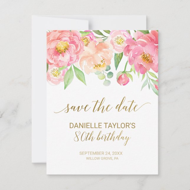 Save The Date Peach and Pink Peony Flowers 80th Birthday (Devant)