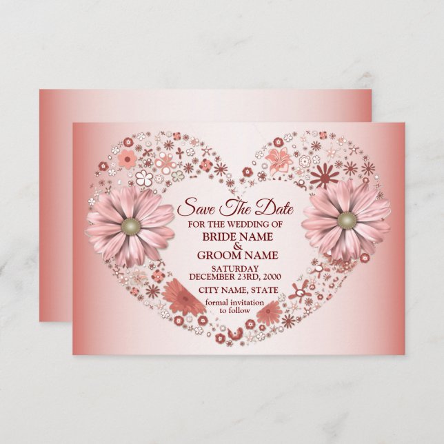 Save The Date Peach Floral Heart Modern (Devant / Derrière)