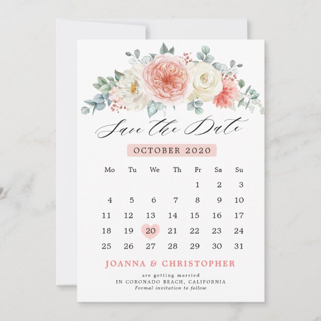 Save The Date Peach Pastel Pink Floral Calendrier mi-été (Devant)