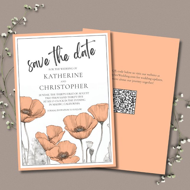 Save The Date Peach Poppies Floral Moderne Mariage élégant (Peach Poppies Elegant Save the Date Card with QR Code for Wedding Website.)