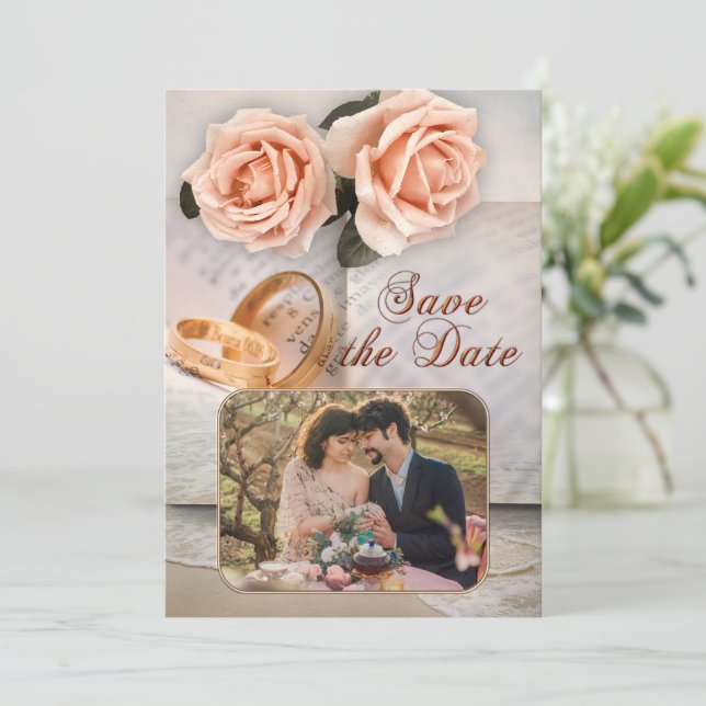 Save The Date Peach Roses amoureux du livre photo Enregistrer la (Debout devant)