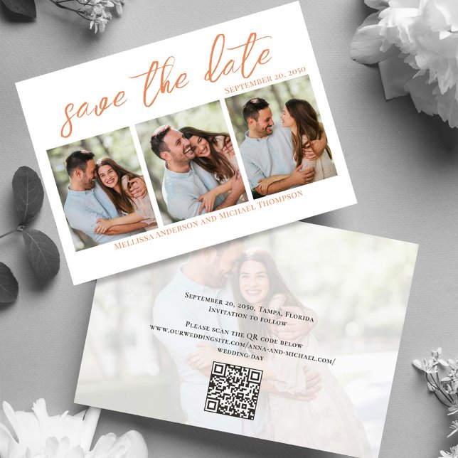 Save The Date Peach Script Multi Photo Enregistrer le Mariage de (Wedding save-the-date photo card with a scannable QR code. )
