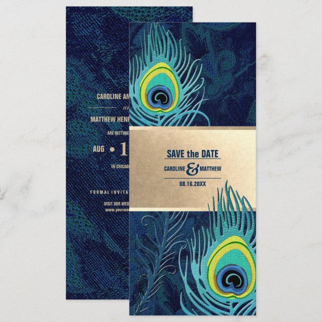 Save the Date. Peacock Feather Navy Blue Gold Invitation (Front/Back)