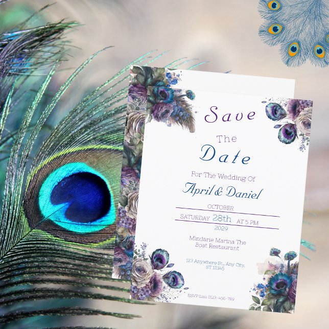 Save The Date Peacock Floral Thème Enregistrer La Date Invitatio (Créateur téléchargé)