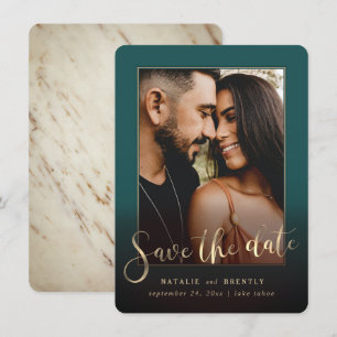 Save The Date Peacock Green Gold Script & Marble Photo Overlay