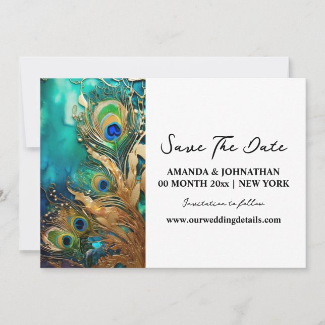 Save The Date Peacock plumes luxe oiseau plumage fiançailles (Devant)