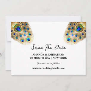 Save The Date Peacock plumes oiseau luxueux blanc or nature