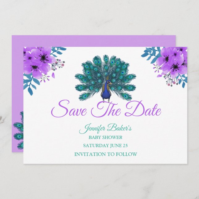 Save The Date Peacock vert et bleu | Fleurs d'aquarelle violette (Devant / Derrière)
