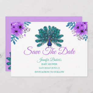 Save The Date Peacock vert et bleu Fleurs d'aquarelle violette