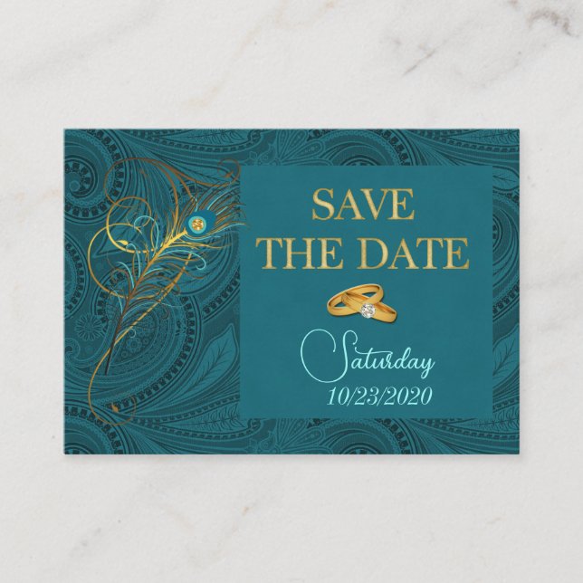 Save the Date Peacock Wedding Mini Handout Enclosure Card (Front)