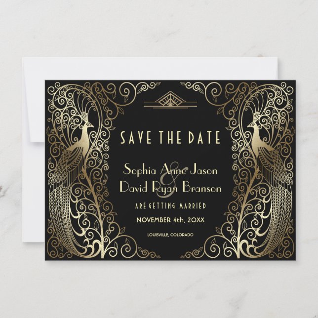 Save The Date Peacocks Gold Art Déco De Luxe Économisez La Date (Devant)