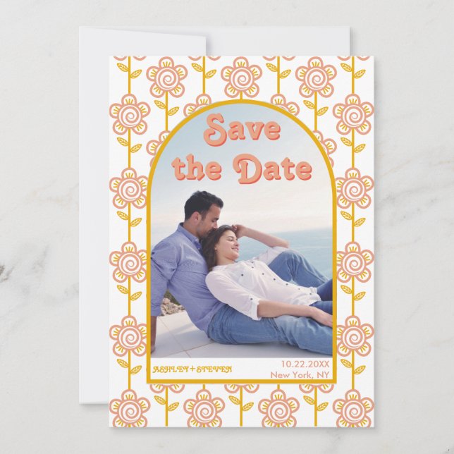 Save The Date Pêche groovy, photo inspirée des fleurs jaunes des (Devant)