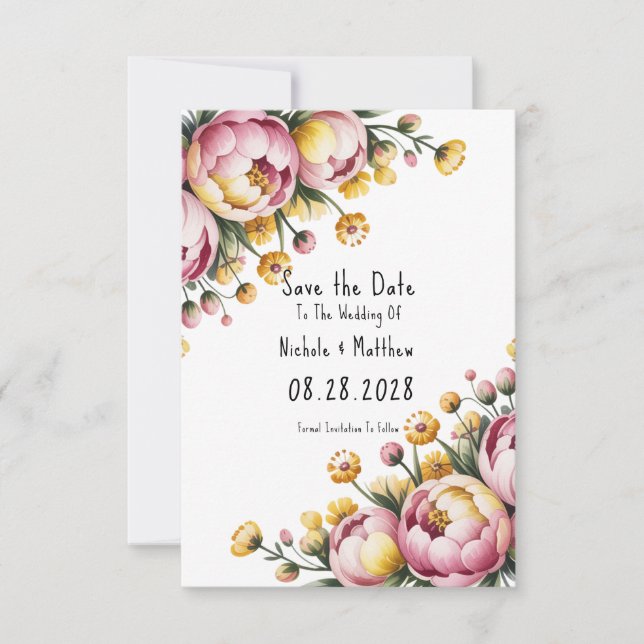 Save The Date Peine rose et Mariage floral jaune (Devant)