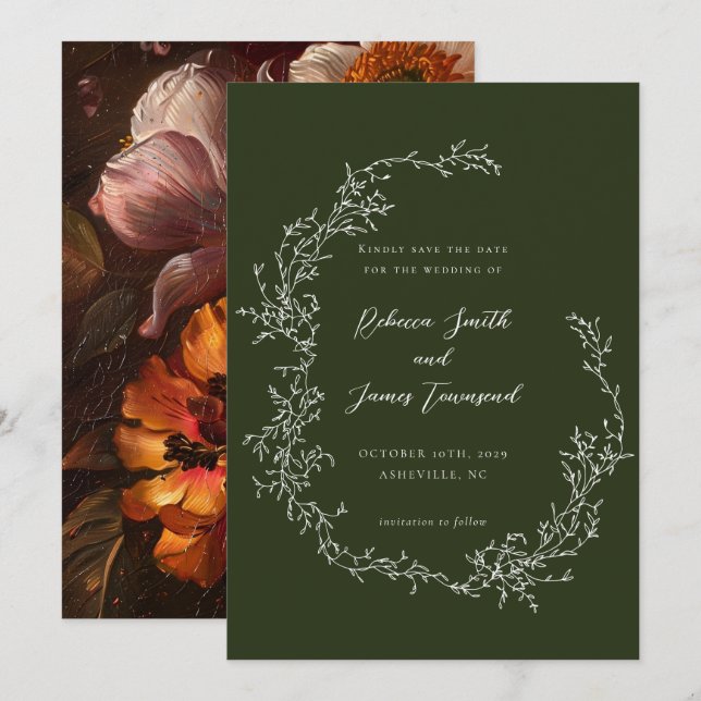 Save The Date Peinture de la couronne botanique Mariage d'olivie (Devant / Derrière)