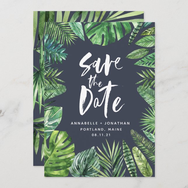 Save The Date Pellicule de feuille de palme tropicale aquarelle  (Devant / Derrière)