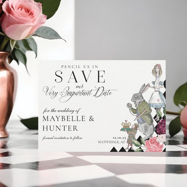 Save The Date Pensez-Nous À Alice En Wonderland Checkerboard (Pencil Us In Alice In Wonderland Checkerboard Save The Date)